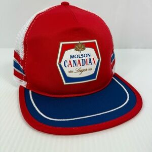 Vintage Molson Canadian Trucker Hat 3 Stripe Pattern with Adjustable Back